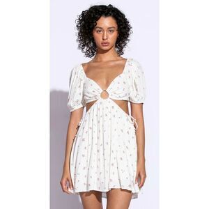 Sky to The Moon Blue & Ivory Floral Print Puff Sleeve Cutout Mini Dress Medium